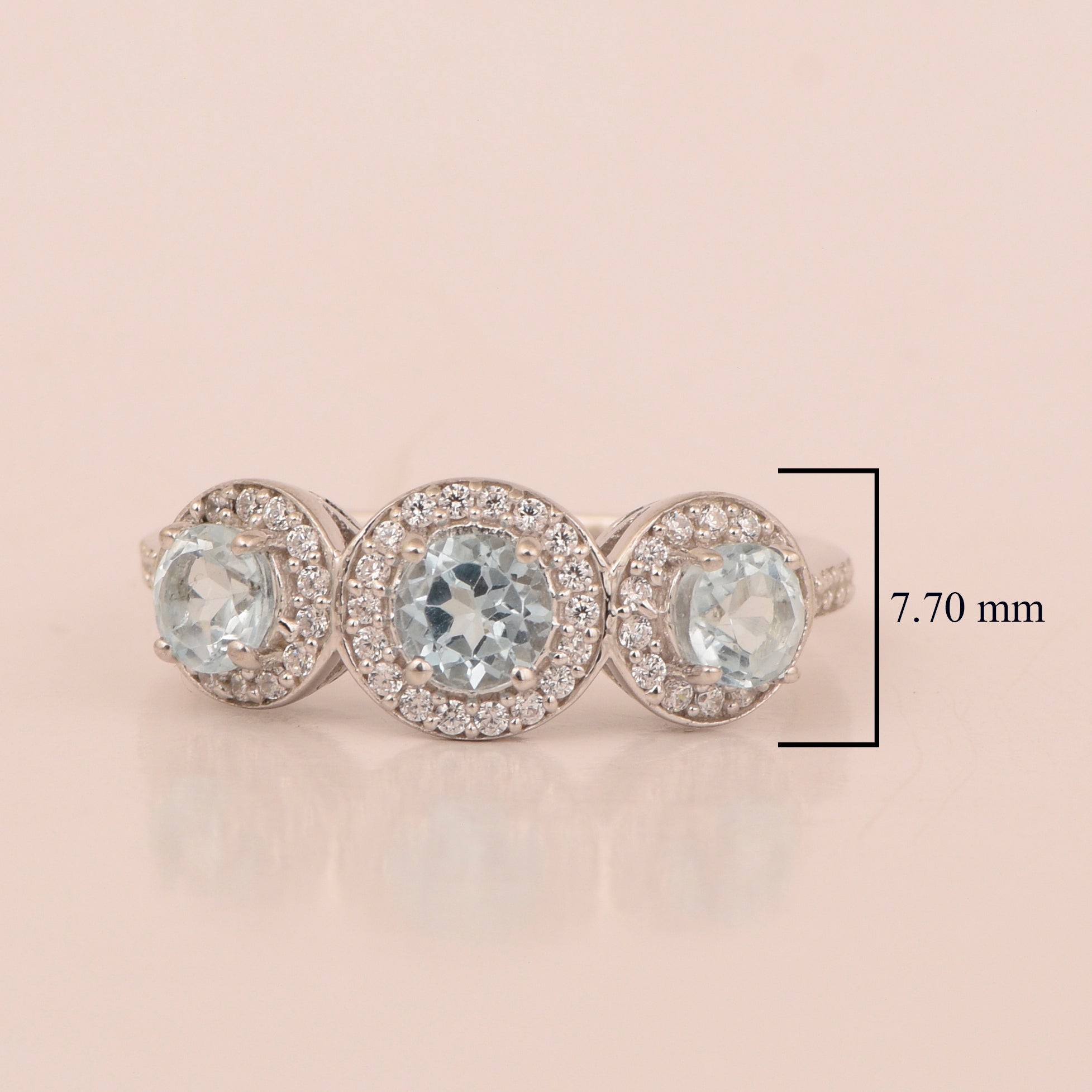 925 Sterling Silver Round 1.05 Ct Aquamarine 3-Stone Engagement Ring - Kimaya INC