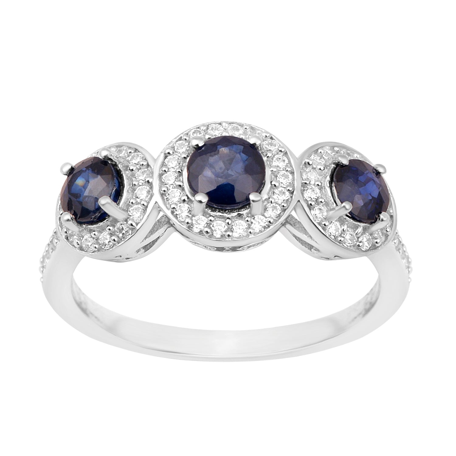 925 Sterling Silver Round 1.05 Ct Blue Sapphire 3-Stone Engagement Ring - Kimaya INC