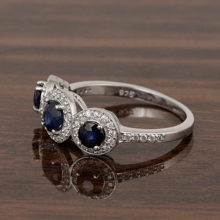 Blue Sapphire Three Stone Halo Ring -Sterling Silver