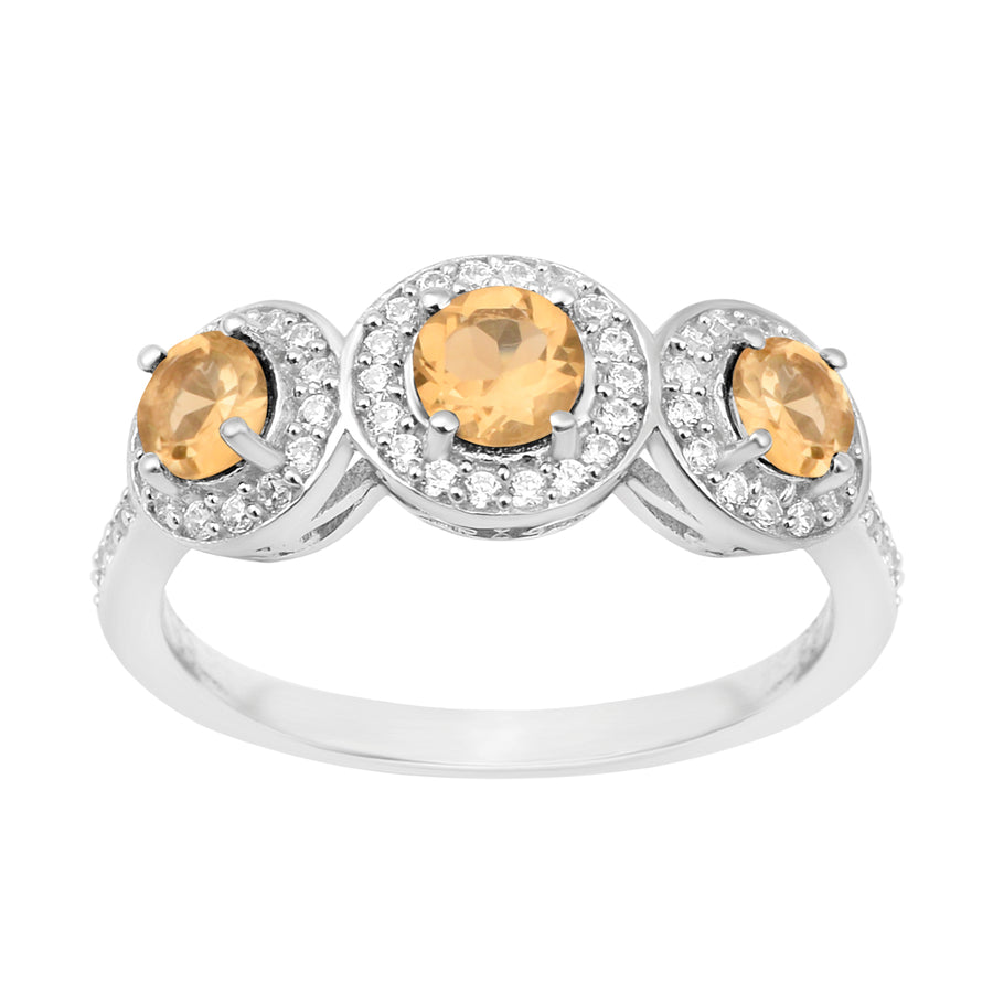 Citrine Three Stone Halo Ring -Sterling Silver