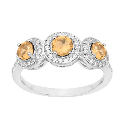 925 Sterling Silver Round 1.05 Ct Citrine 3-Stone Engagement Ring - Kimaya INC