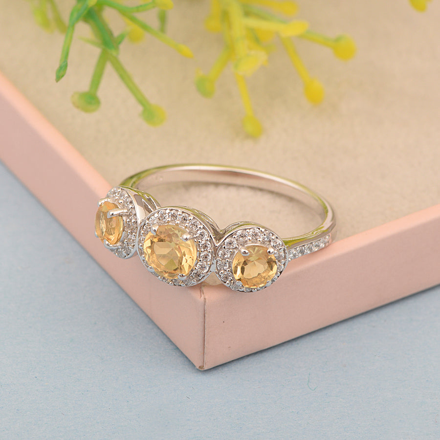 Citrine Three Stone Halo Ring -Sterling Silver
