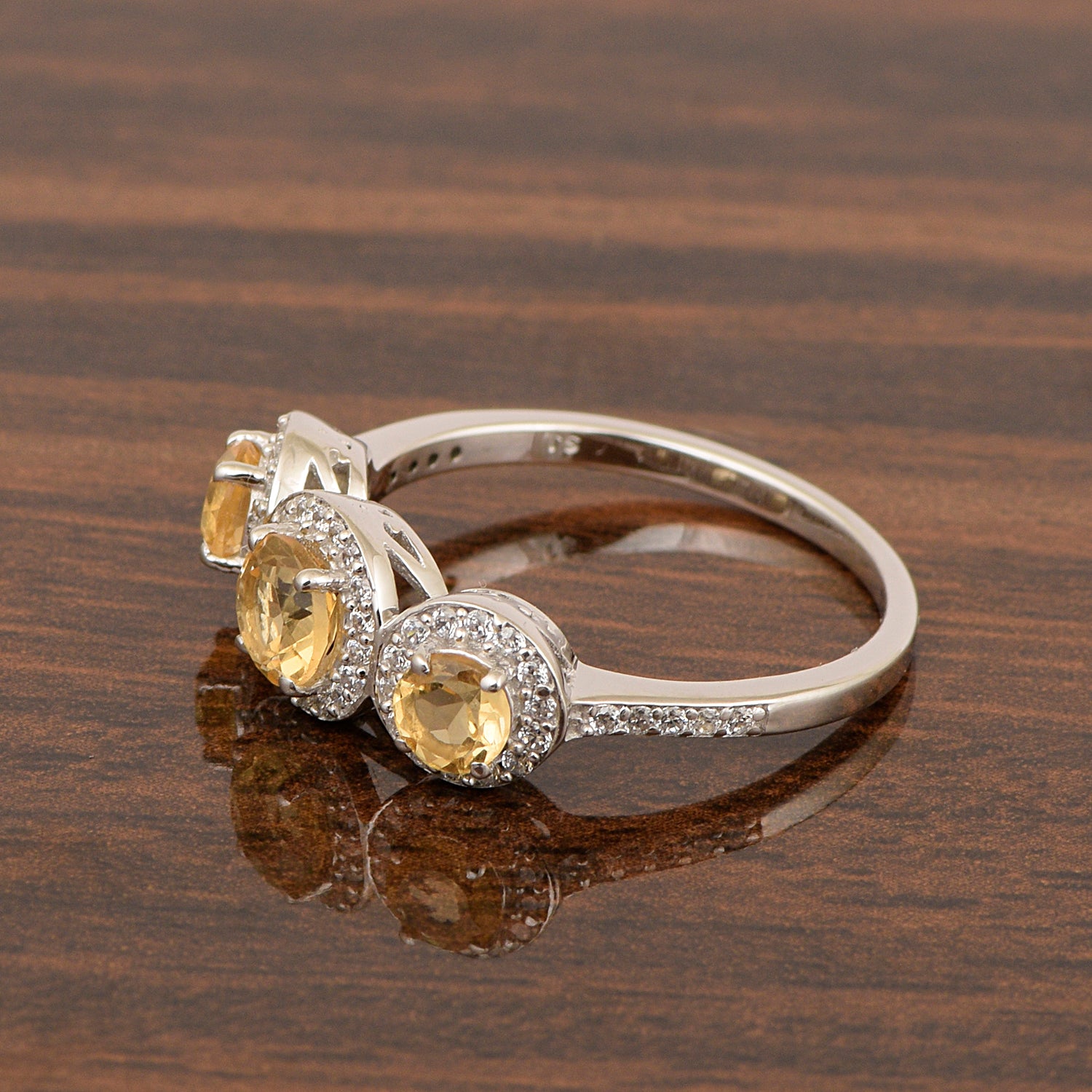 925 Sterling Silver Round 1.05 Ct Citrine 3-Stone Engagement Ring - Kimaya INC