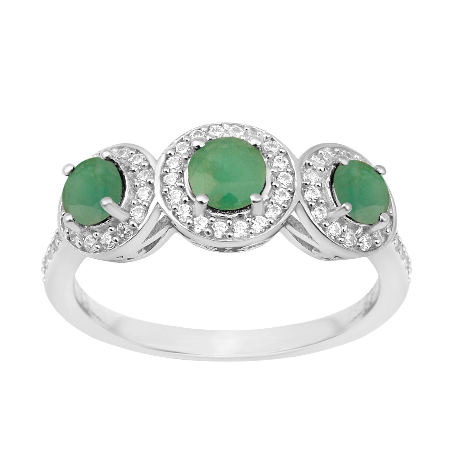 925 Sterling Silver Round 1.05 Ct Emerald 3-Stone Engagement Ring - Kimaya INC