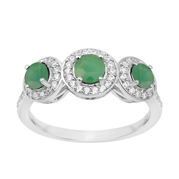 925 Sterling Silver Round 1.05 Ct Emerald 3-Stone Engagement Ring - Kimaya INC
