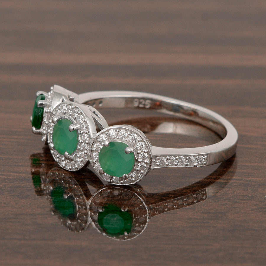 Emerald Three Stone Halo Ring -Sterling Silver