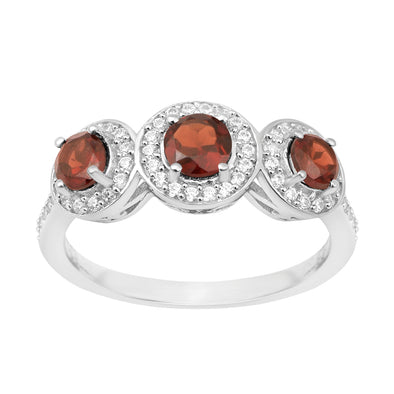 925 Sterling Silver Round 1.05 Ct Garnet 3-Stone Engagement Ring - Kimaya INC
