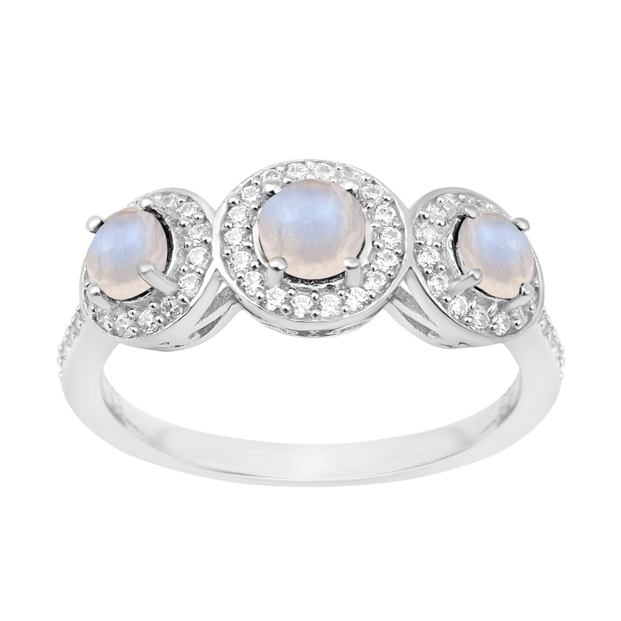 Moonstone Three Stone Halo Ring -Sterling Silver