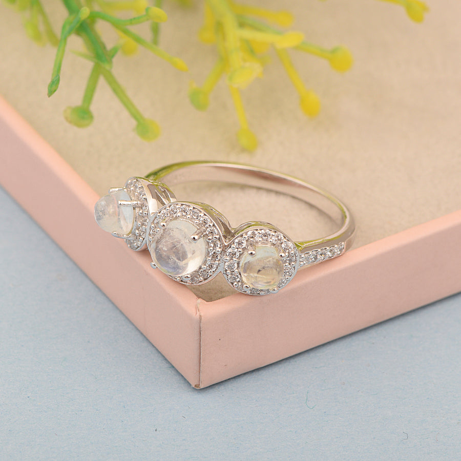 Moonstone Three Stone Halo Ring -Sterling Silver