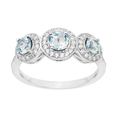 925 Sterling Silver Round 1.05 Ct Swiss Blue Topaz 3-Stone Engagement Ring - Kimaya INC