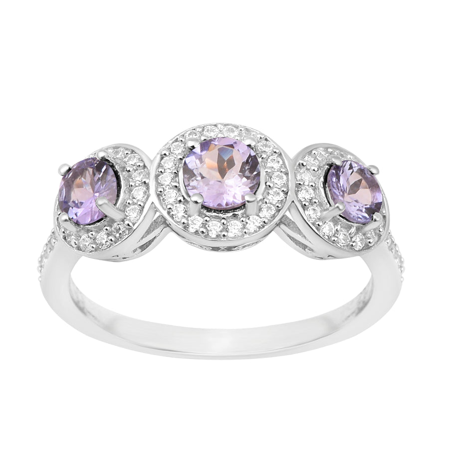 Tanzanite Three Stone Halo Ring -Sterling Silver