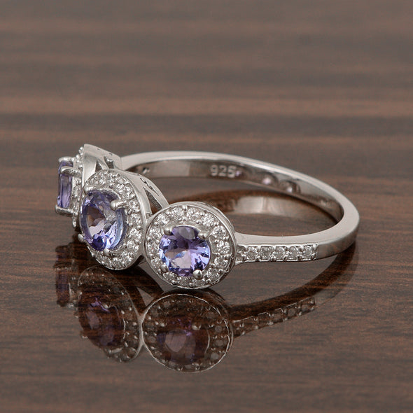 925 Sterling Silver Round 1.05 Ct Tanzanite 3-Stone Engagement Ring - Kimaya INC