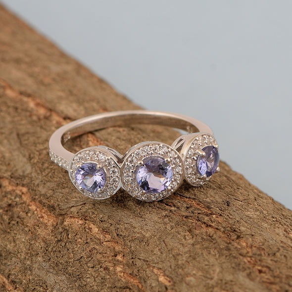 925 Sterling Silver Round 1.05 Ct Tanzanite 3-Stone Engagement Ring - Kimaya INC