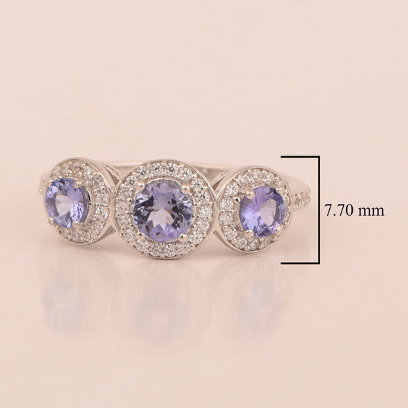 925 Sterling Silver Round 1.05 Ct Tanzanite 3-Stone Engagement Ring - Kimaya INC
