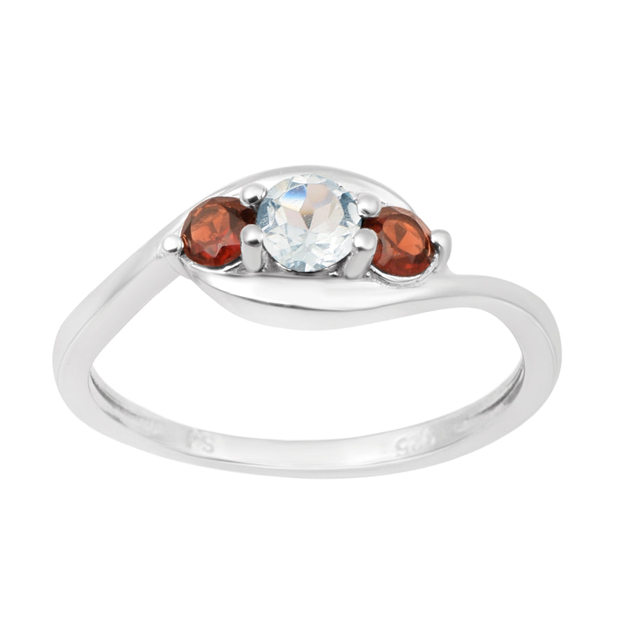 Aquamarine & Garnet Three Stone Bypass Ring- Sterling Silver