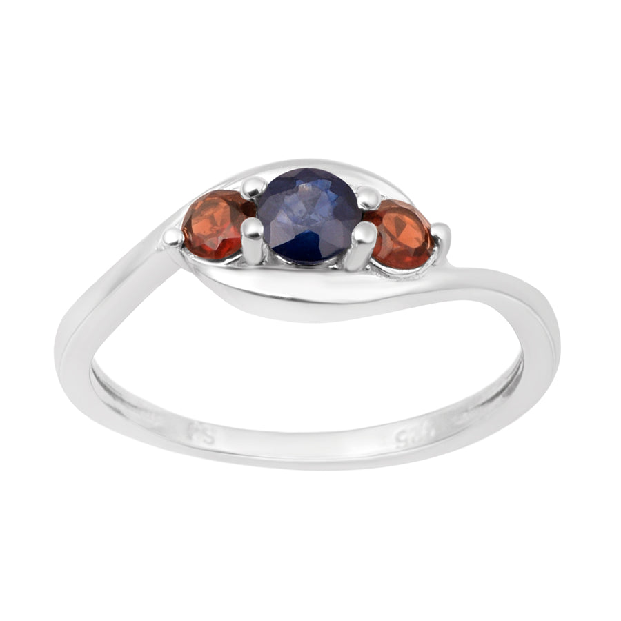 Blue Sapphire & Garnet Three Stone Bypass Ring- Sterling Silver