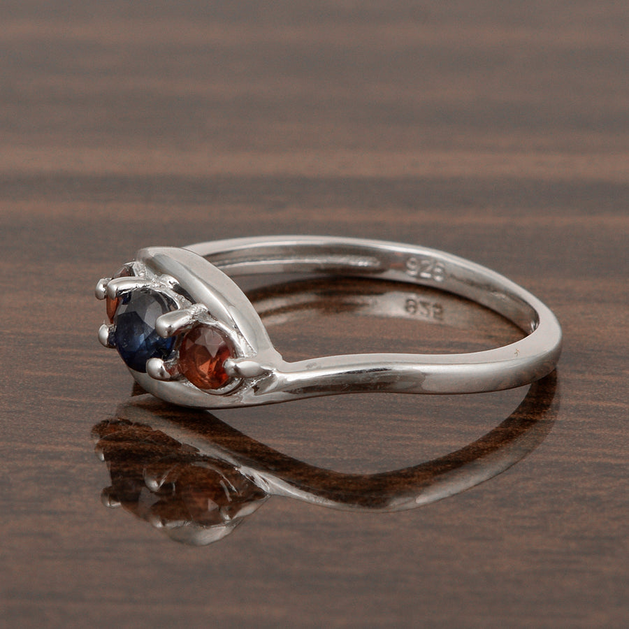 Blue Sapphire & Garnet Three Stone Bypass Ring- Sterling Silver