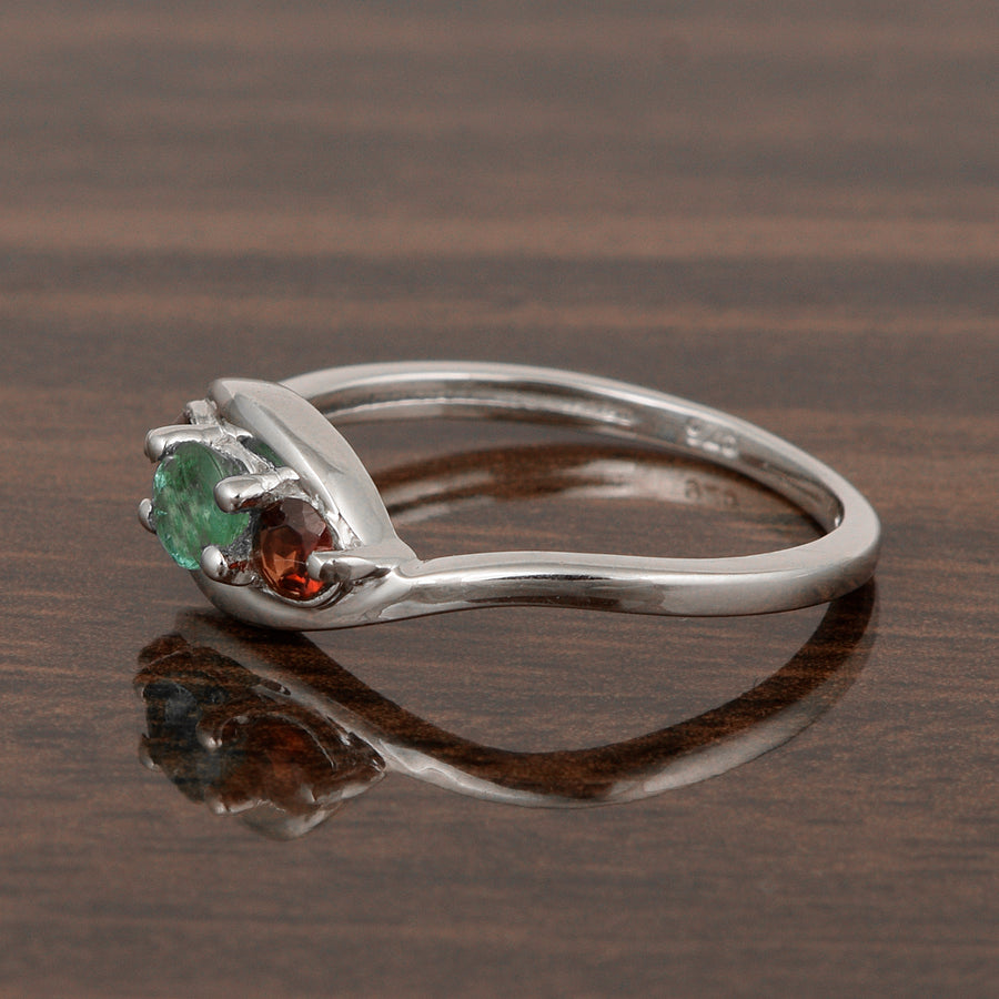 Emerald & Garnet Three Stone Bypass Ring- Sterling Silver
