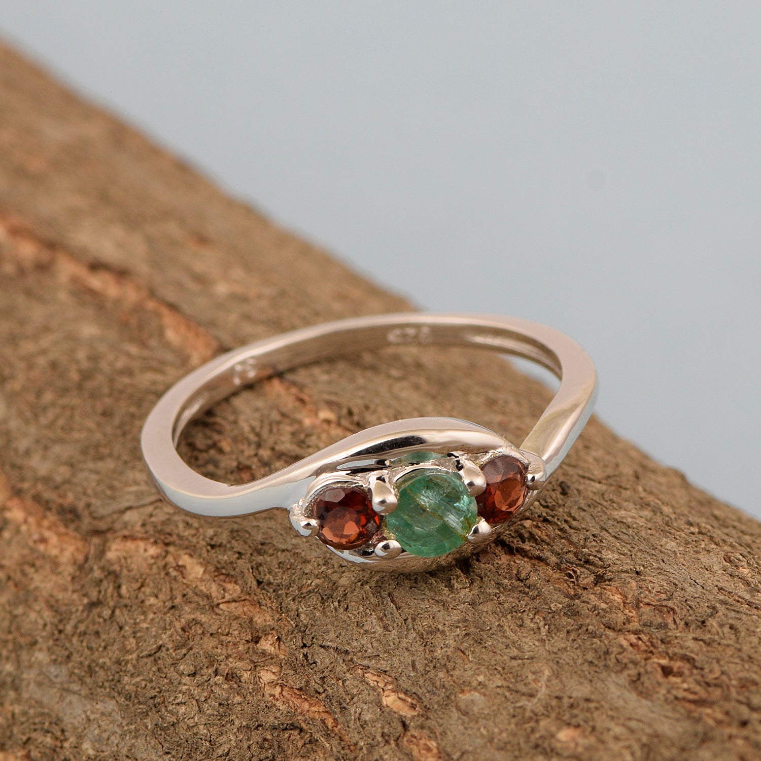 925 Sterling Silver Three-Stone Oval 1.35 Ctw Emerald Women's Ring - Kimaya INC