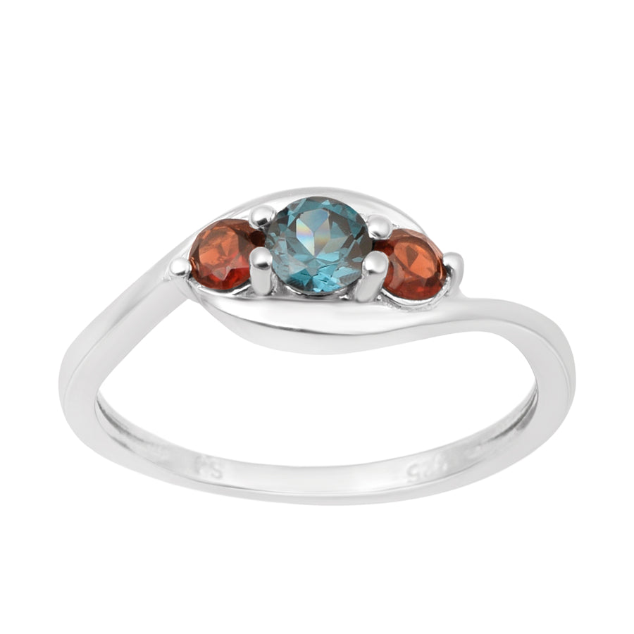 London Blue Topaz & Garnet Three Stone Bypass Ring- Sterling Silver