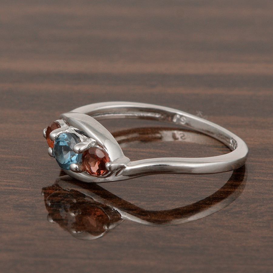 London Blue Topaz & Garnet Three Stone Bypass Ring- Sterling Silver