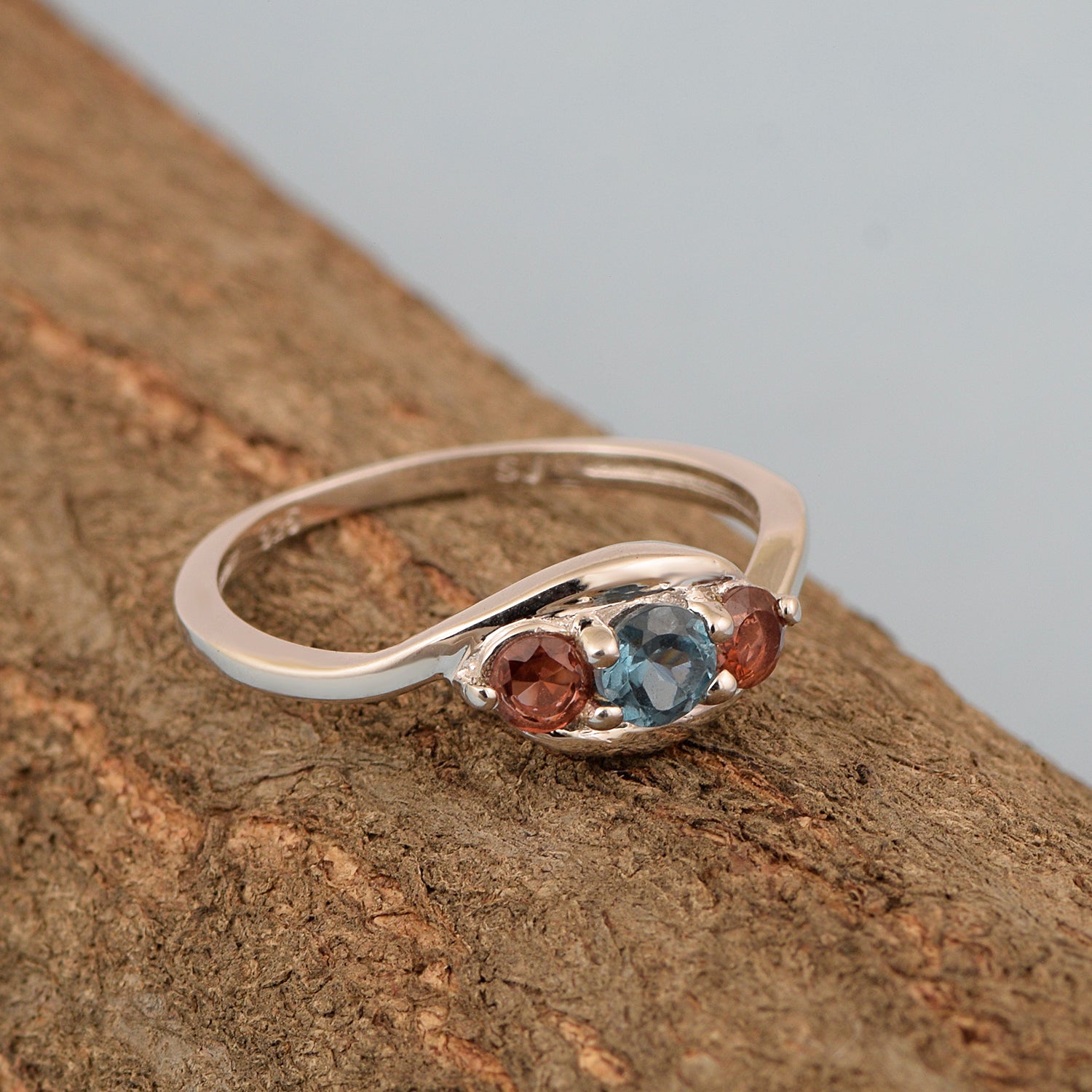 925 Sterling Silver Three-Stone Oval 1.35 Ctw London Blue Topaz Women's Ring - Kimaya INC