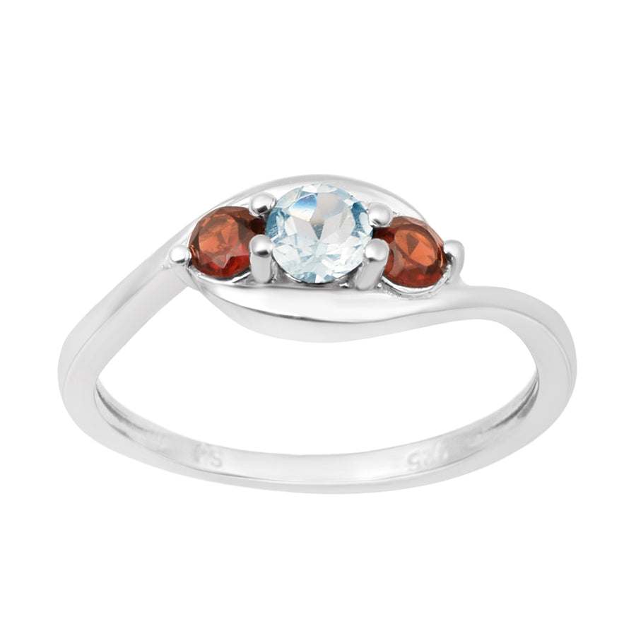 Blue Topaz & Garnet Three Stone Bypass Ring- Sterling Silver