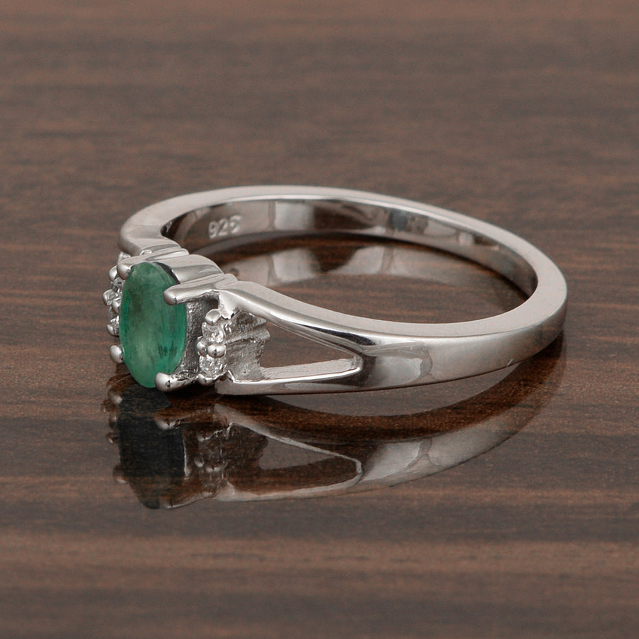 Emerald 6x4 MM Oval Solitaire Ring - Sterling Silver