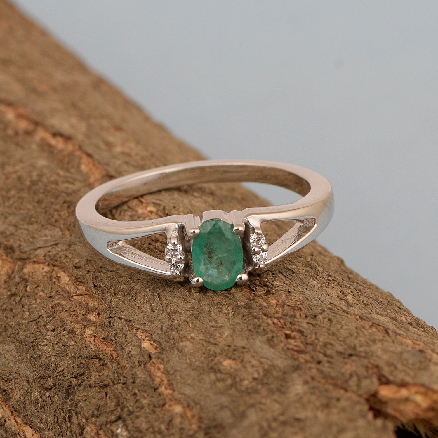 Classic Oval 6X4 MM Emerald Solitaire Engagement 925 Sterling Silver Rings for Women - Kimaya INC