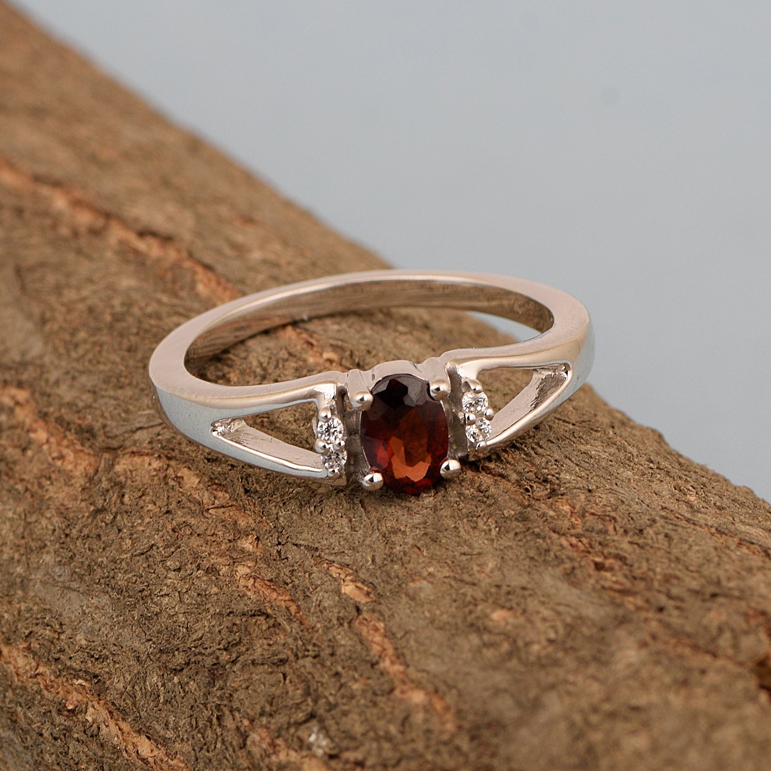 Classic Oval 6X4 MM Garnet Solitaire Engagement 925 Sterling Silver Rings for Women - Kimaya INC