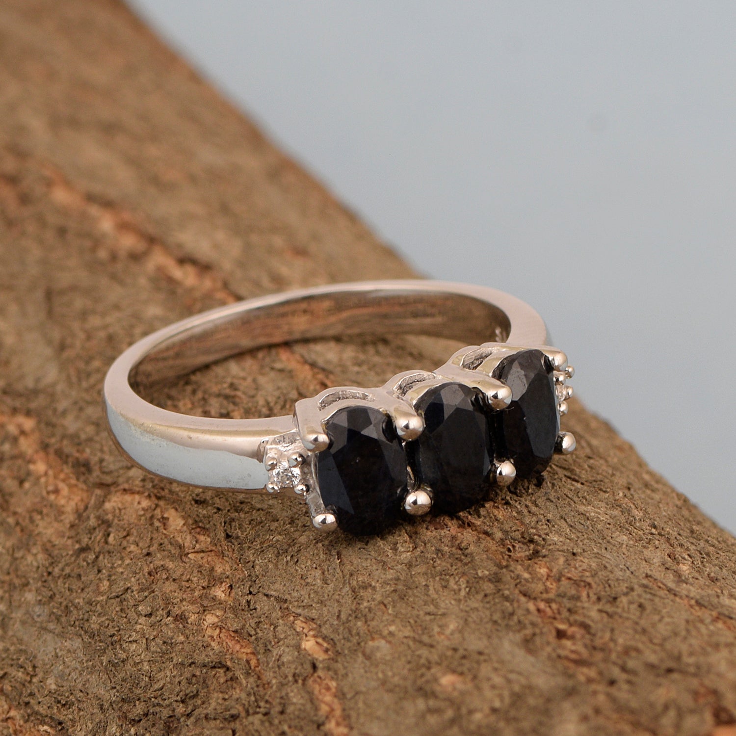 925 Sterling Silver Three-Stone Oval 1.35 Ctw Black Spinel Women's Ring - Kimaya INC