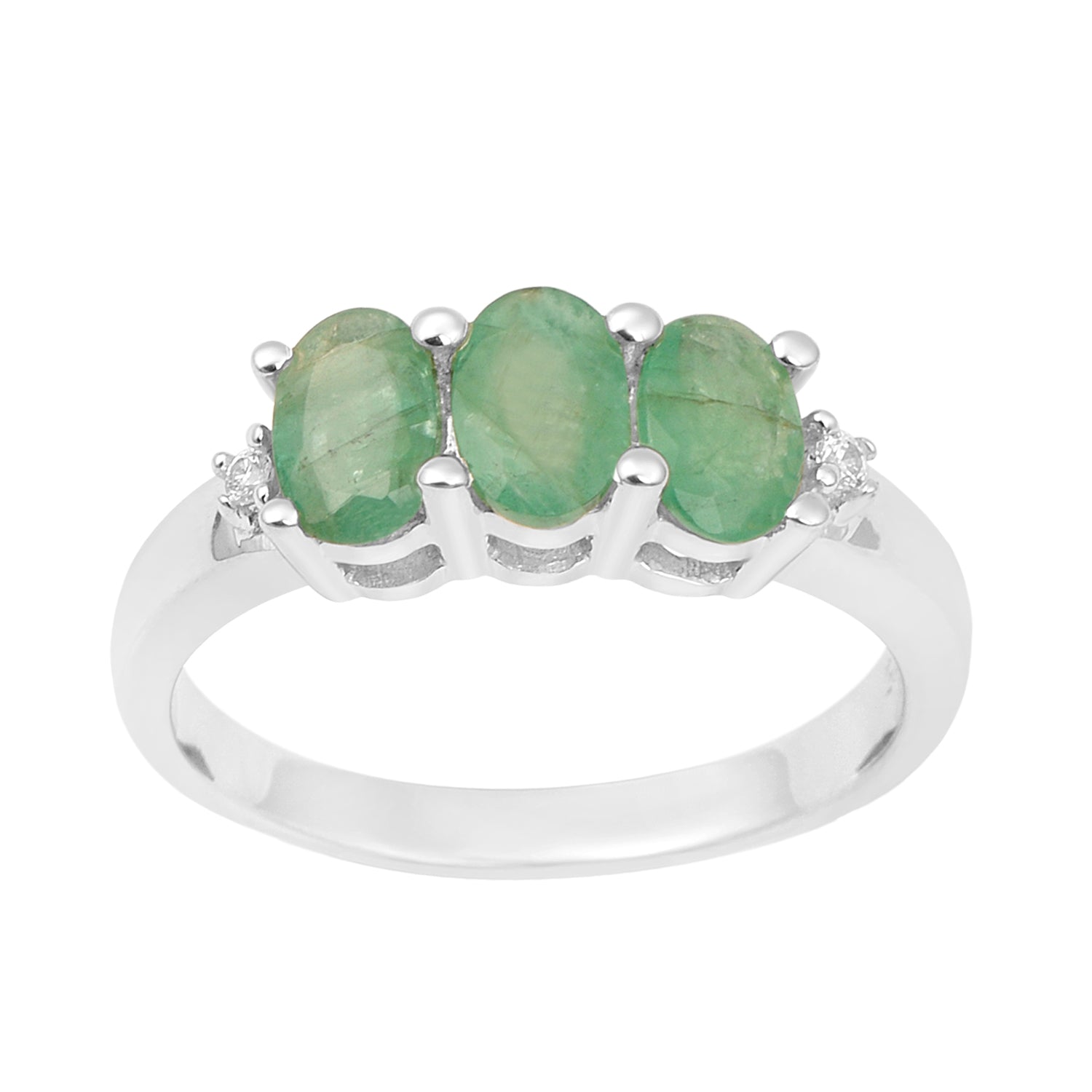 925 Sterling Silver Three-Stone Oval 1.35 Ctw Emerald Women's Ring - Kimaya INC
