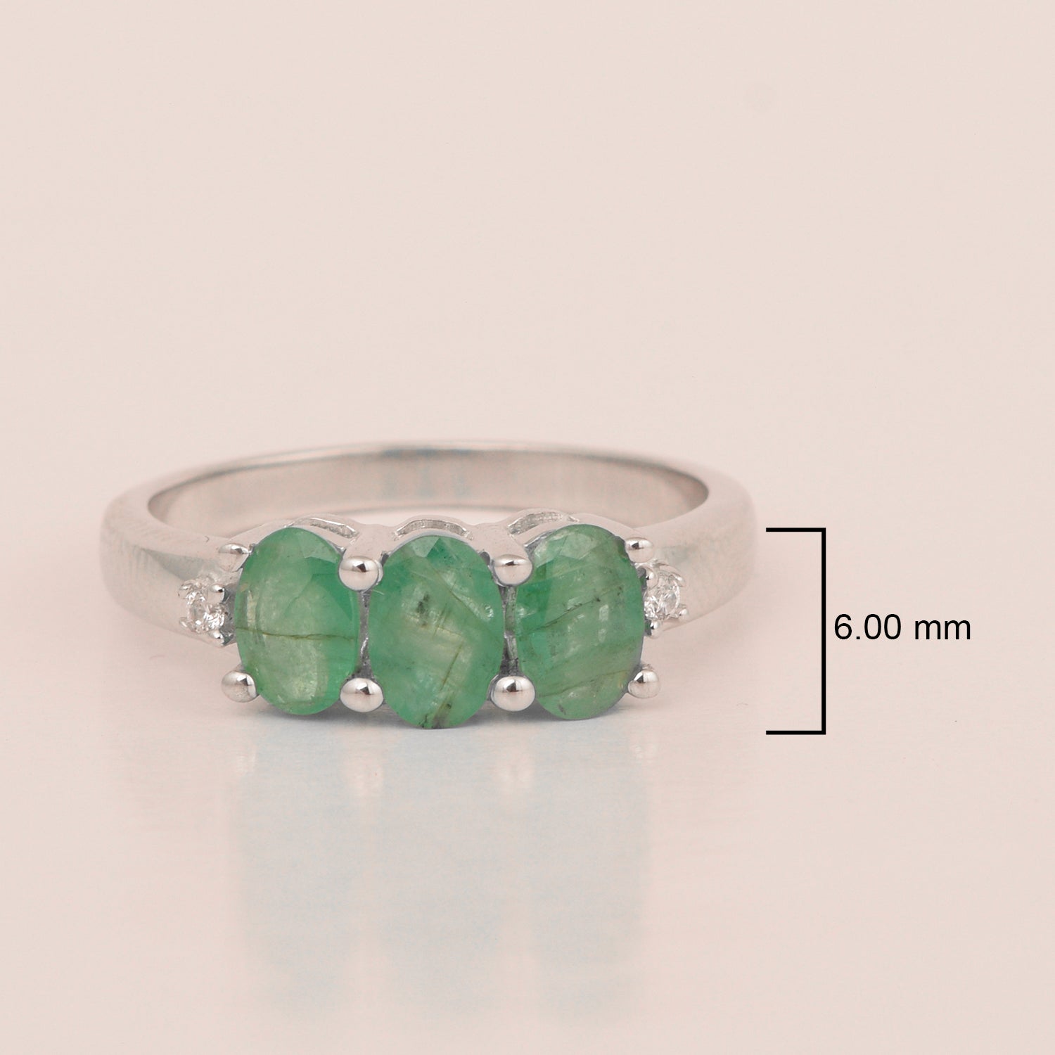 925 Sterling Silver Three-Stone Oval 1.35 Ctw Emerald Women's Ring - Kimaya INC