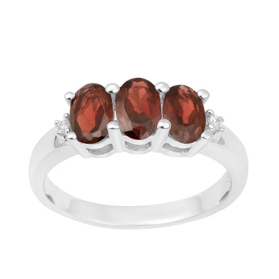 925 Sterling Silver Three-Stone Oval 1.35 Ctw Garnet Women's Ring - Kimaya INC
