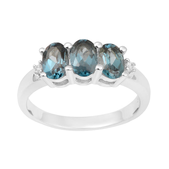 925 Sterling Silver Three-Stone Oval 1.35 Ctw London Blue Topaz Women's Ring - Kimaya INC