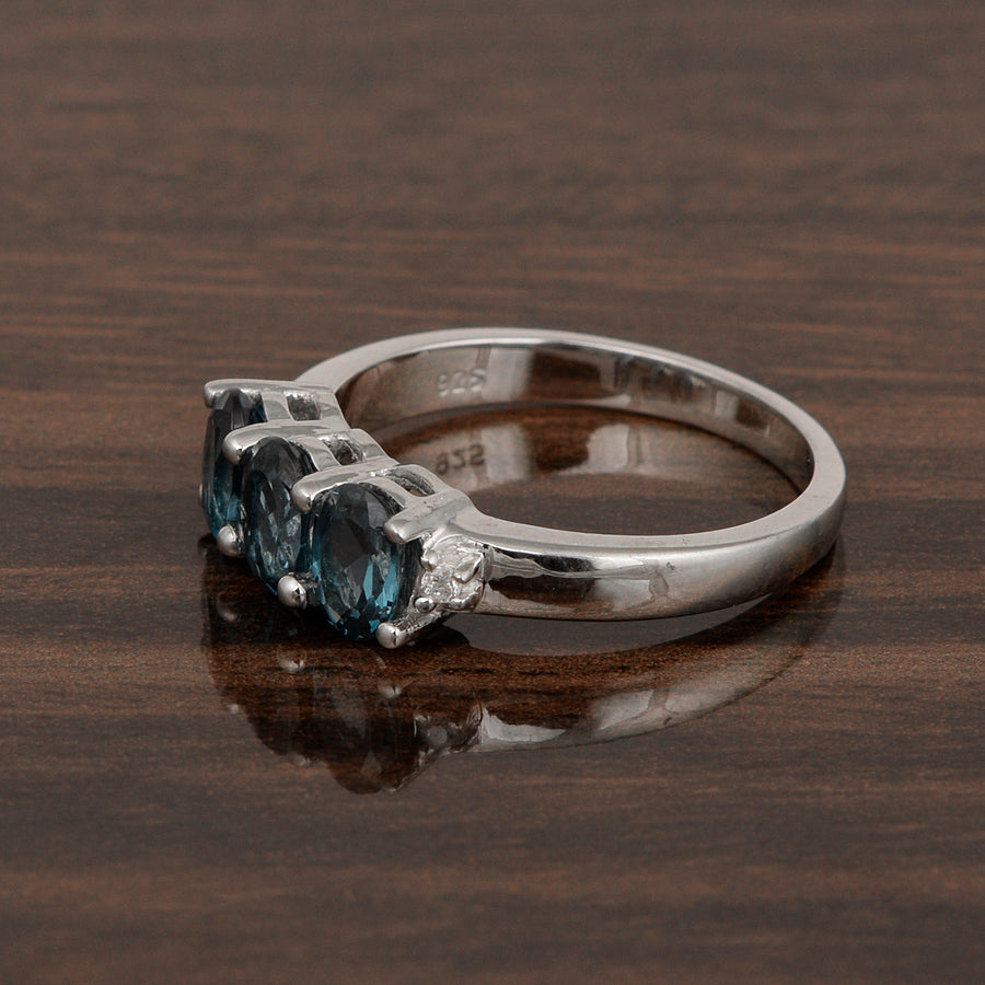 London Blue Topaz 6x4MM Oval Three-Stone Ring - Sterling Silver