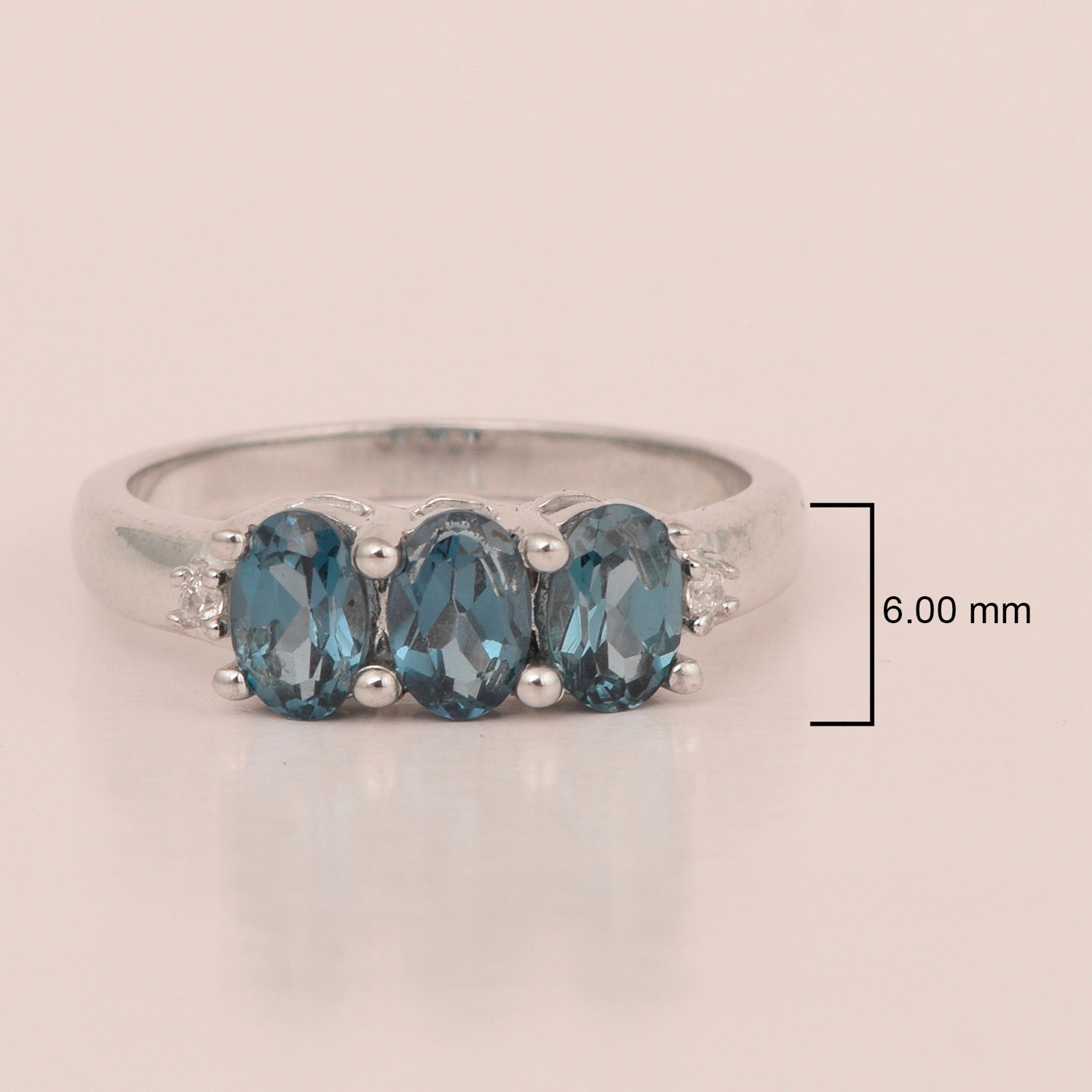 925 Sterling Silver Three-Stone Oval 1.35 Ctw London Blue Topaz Women's Ring - Kimaya INC