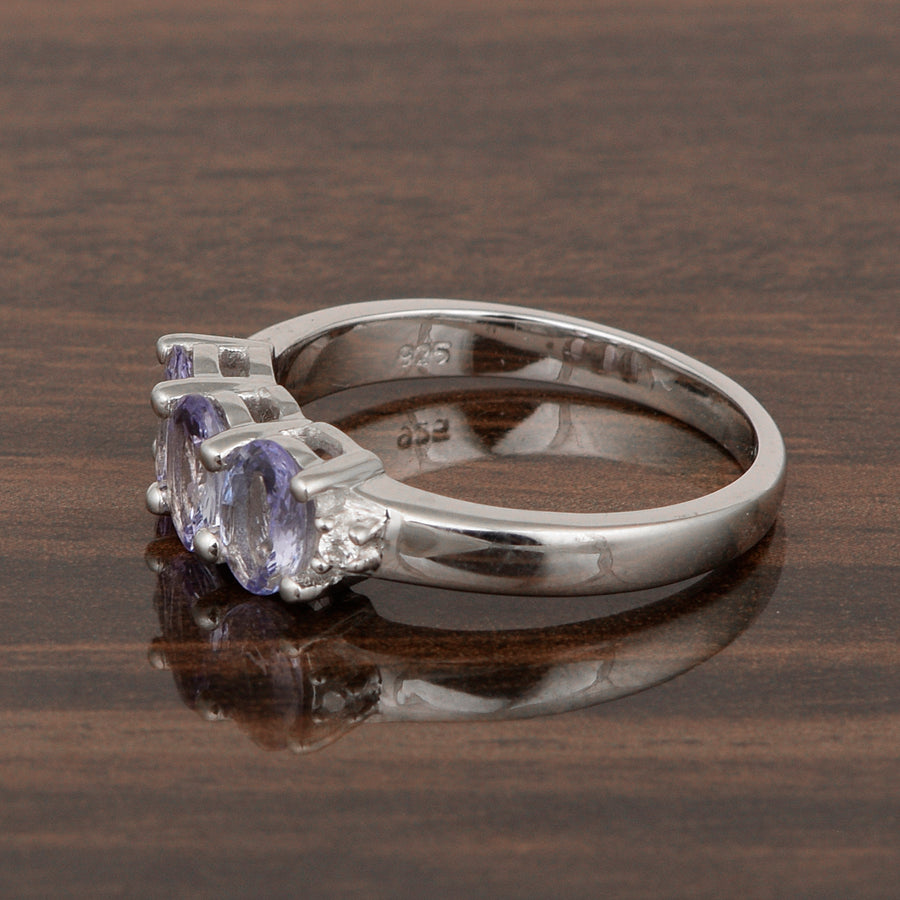 Tanzanite 6x4MM Oval Three-Stone Ring - Sterling Silver