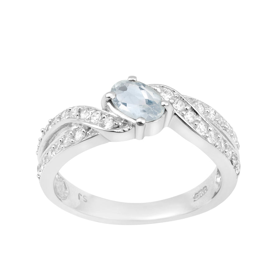 Aquamarine 6x4MM Oval Solitaire Accents Ring - Sterling Silver