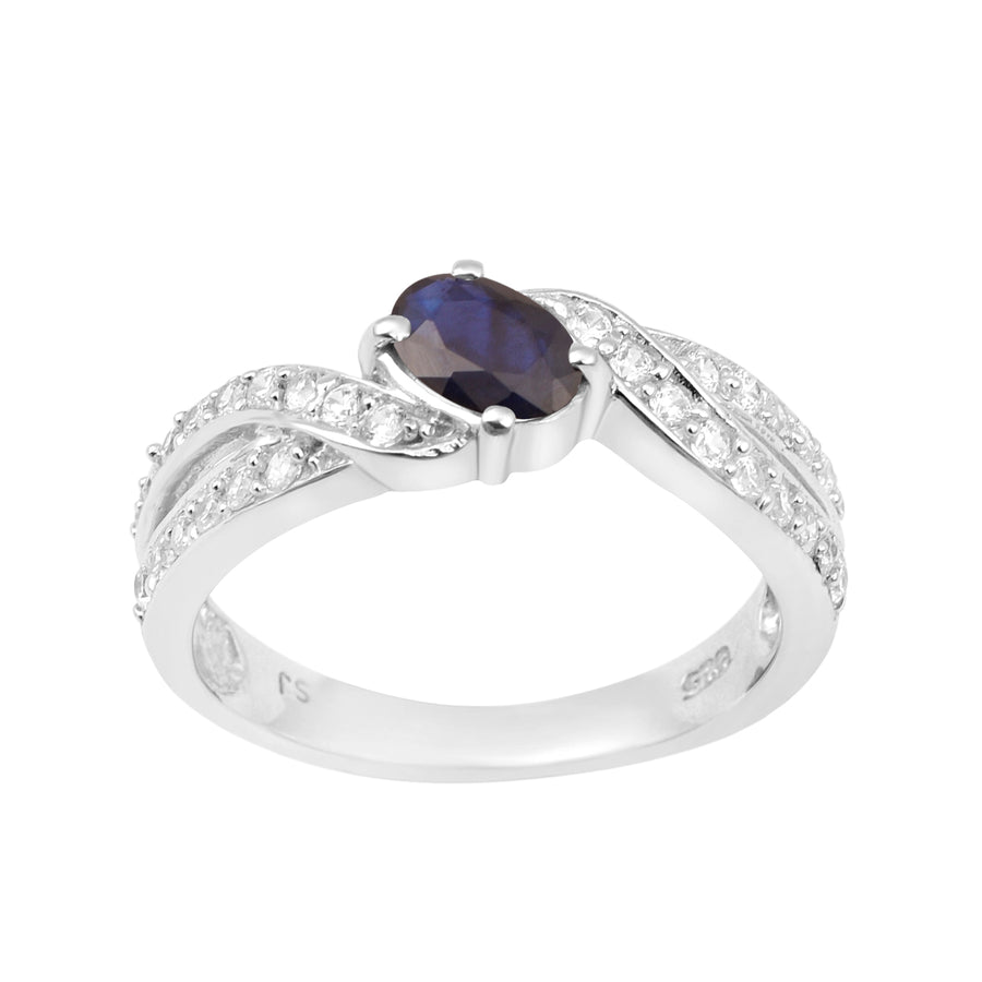 Blue Sapphire 6x4MM Oval Solitaire Accents Ring - Sterling Silver
