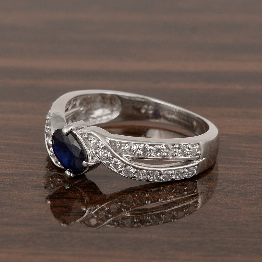 Blue Sapphire 6x4MM Oval Solitaire Accents Ring - Sterling Silver