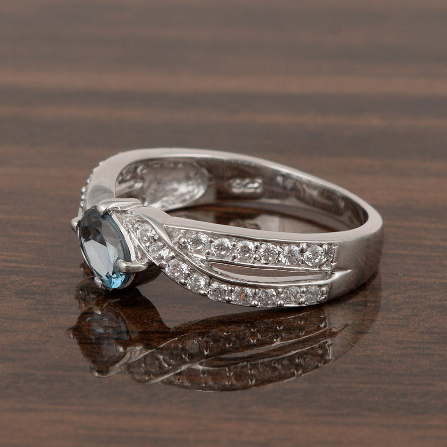 London Blue Topaz 6x4MM Oval Solitaire Accents Ring - Sterling Silver