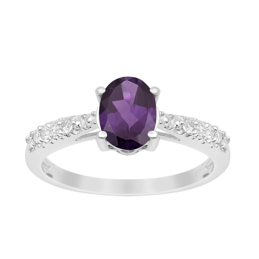 Amethyst Oval Solitaire Accents Ring -Sterling Silver
