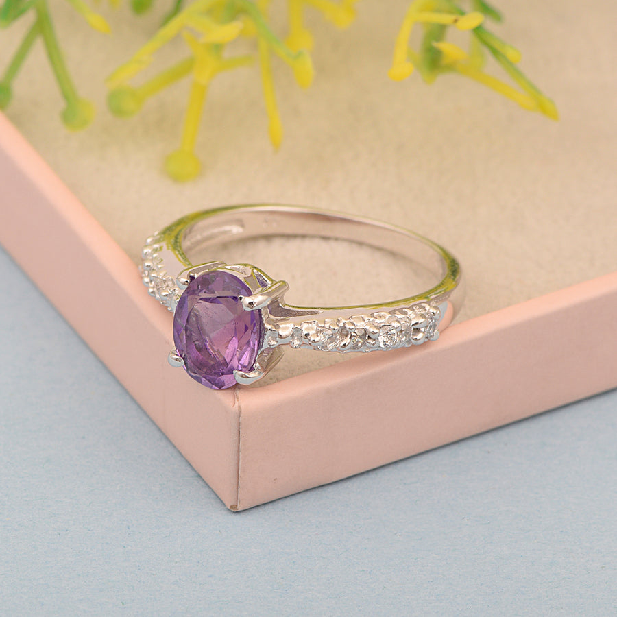 Amethyst Oval Solitaire Accents Ring -Sterling Silver