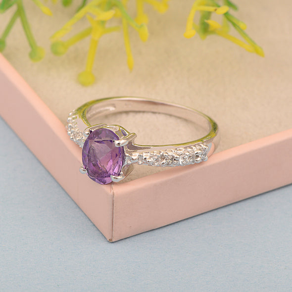 Solitaire Oval Cut 1.5 Ctw Amethyst & White Accents 925 Sterling Silver Women Wedding Ring - Kimaya INC