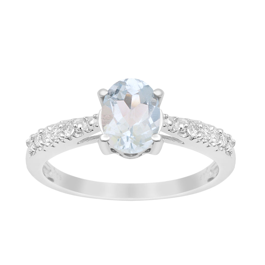 Aquamarine Oval Solitaire Accents Ring -Sterling Silver