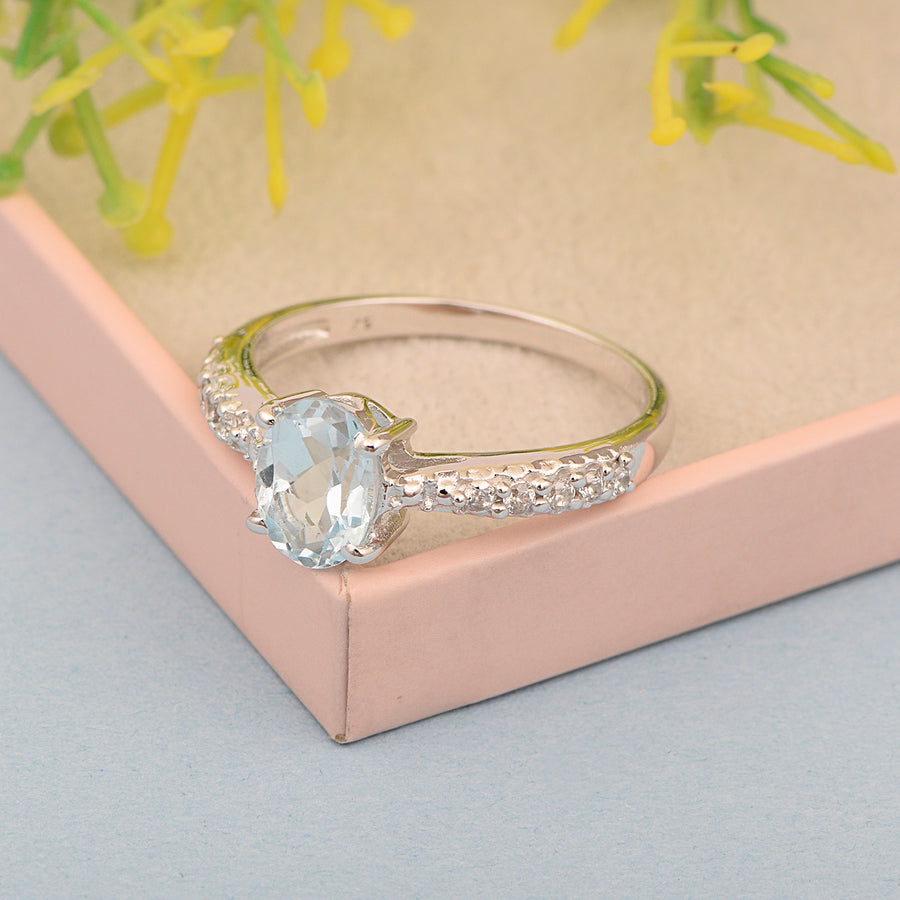 Aquamarine Oval Solitaire Accents Ring -Sterling Silver