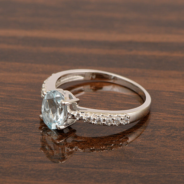 Solitaire Oval Cut 1.5 Ctw Aquamarine & White Accents 925 Sterling Silver Women Wedding Ring - Kimaya INC