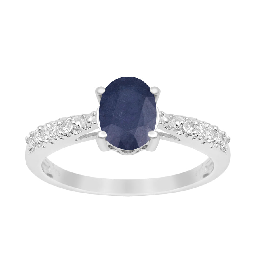 Blue Sapphire Oval Solitaire Accents Ring -Sterling Silver