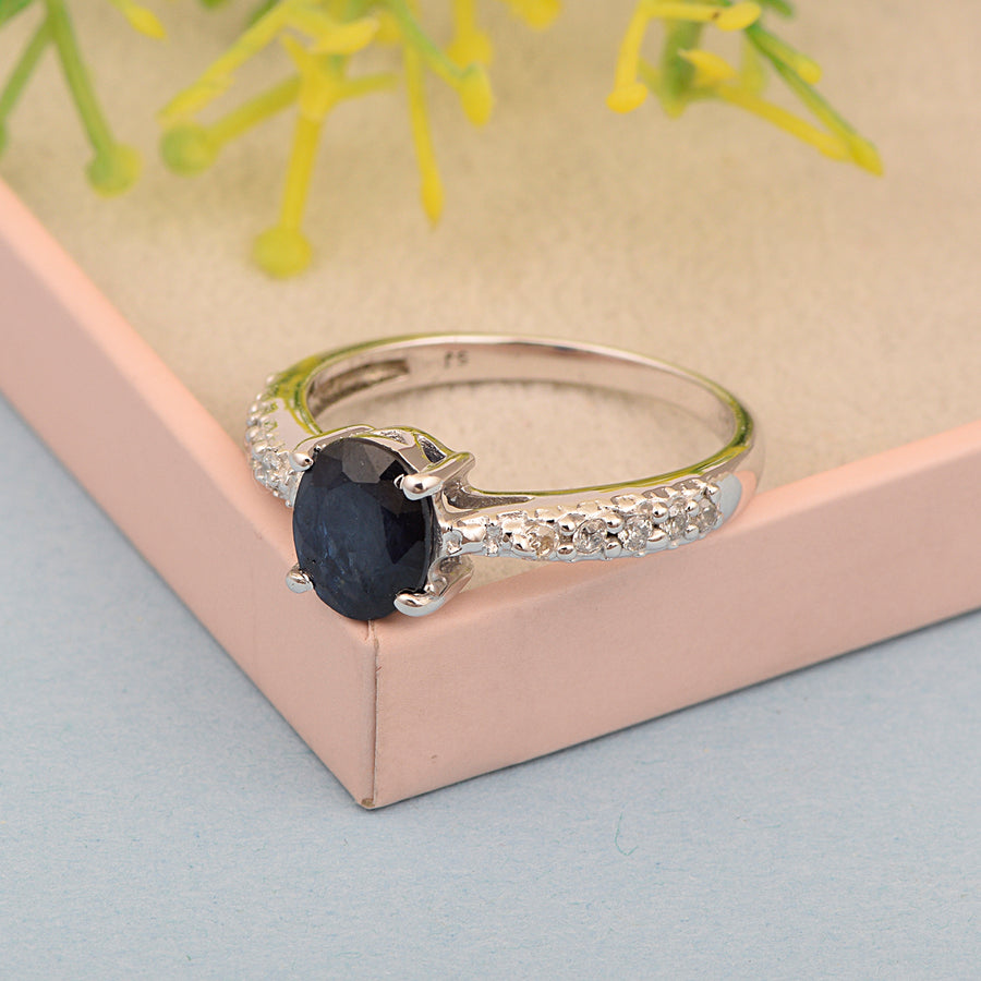 Blue Sapphire Oval Solitaire Accents Ring -Sterling Silver